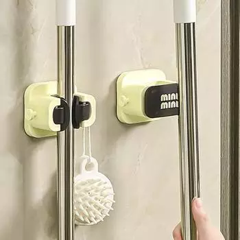 Держатель для швабры на присоске с крючками, настенный зажим для метлы, без сверления, бесследный органайзер для чистки ванной комнаты