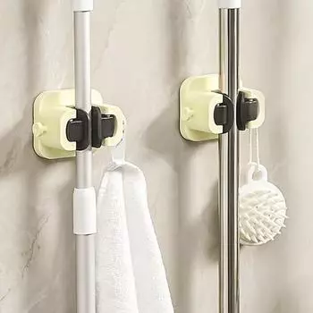 Держатель для швабры на присоске с крючками, настенный зажим для метлы, без сверления, бесследный органайзер для чистки ванной комнаты
