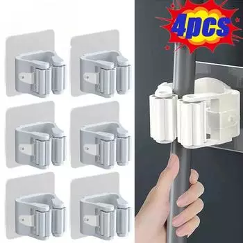 Держатель для швабры, самоклеящаяся подставка для метлы, настенная подставка для швабры, крючок для подметания, органайзер для хранения, аксессуары для ванной и кухни 4 PCS