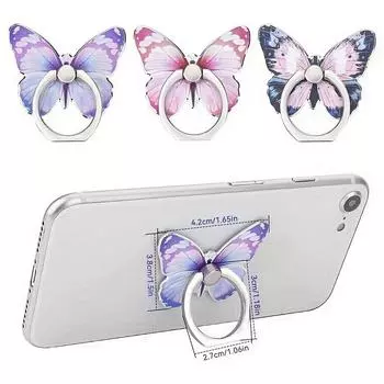 Держатель для телефона Держатель-подставка для телефона с милым рисунком бабочки — вращение на 360°, металлическая подставка для пальцев и петля для ручки для надежного захвата синий