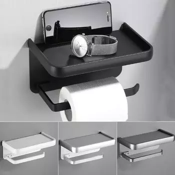 Держатель для туалетной бумаги с полкой, белый, серый, черный, серебристый, алюминиевый, для хранения рулонов бумажных полотенец, вешалка для салфеток для ванной комнаты и кухни чёрный