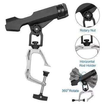 Держатель для удочки на лодке Регулируемый на 360 градусов держатель для удочки Большой зажим с отверстием для удочки Стойки для удочек Крепление на горизонтальной/вертикальной стороне Рыболовное оборудование чёрный