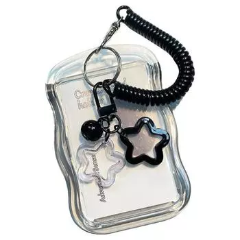 Держатель для удостоверения личности с брелком и пружинным шнуром, силиконовый чехол для карты с прозрачным окном, защитный чехол для фотокарты с декором в виде колокольчика чёрный