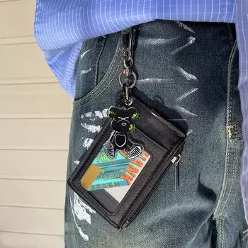 Держатель для удостоверения личности с карманом на молнии, двухсторонний, 5 отделений для карт, брелок для ключей, мужской чехол для карты в автобусе, метро