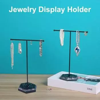 Держатель для ювелирных изделий Т-образная мраморная основа Современная сверхмощная железная настольная серьга Ожерелье Кольцо Браслет Организатор шоу Стойка-стойка чёрный