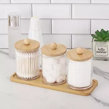 Держатель для ватных палочек на 10 унций с туалетным столиком, 3 упаковки ватных палочек/шариков/дисков, аптекарская банка, прозрачные контейнеры для ванной комнаты, диспенсер для