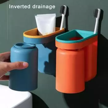Держатель для зубных щеток в ванной комнате с чашкой. Настенный держатель без перфорации. Противоскользящий противоскользящий дизайн с перевернутым дренажем. Органайзер для зубной пасты «два в одном». оранжевый