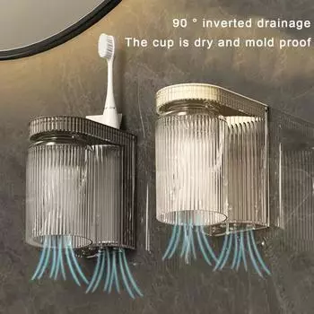 Держатель для зубных щеток в ванной комнате с чашкой. Настенный держатель без перфорации. Противоскользящий противоскользящий дизайн. Прозрачный органайзер для зубной пасты «два в одном». чёрный