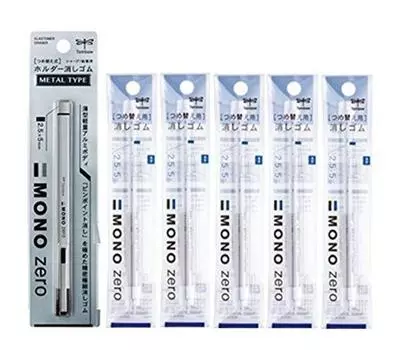 Держатель карандаша Tombow Eraser Mono Zero Metal Silver квадратный корпус 5 сменный (1 + ластики) EH-KUMS04+ER-KUS