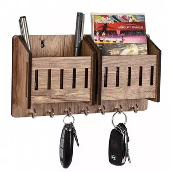 Держатель ключей для дома | Деревянный держатель ключей для стены | Подставка для ключей | Вешалка для ключей | Держатели для брелоков на стену (7 крючков, МДФ бежевый) коричневый