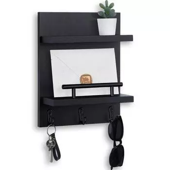 Держатель ключей для настенного входа, декоративная почтовая полка с 3 крючками для ключей, универсальный деревянный настенный органайзер для хранения почты, кошелька, солнцезащитных очков Moderate чёрный