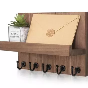 Держатель ключей в деревенском стиле для стены, настенная полка в фермерском стиле с 4 крючками, настенные вешалки для ключей, деревянный почтовый органайзер с крючками M чёрный