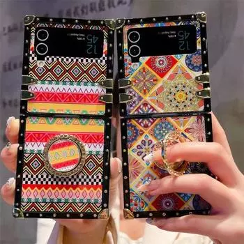 Держатель кольца с бриллиантом в богемном стиле, блестящий квадратный чехол для телефона с бабочкой и цветком для Samsung Galaxy Z Flip 4 Z Flip 3 Samsung Z flip 3 чёрный