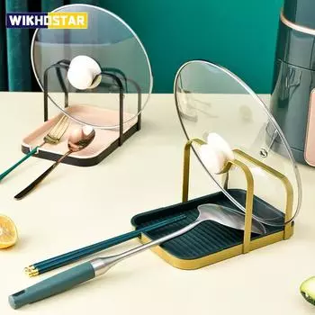 Держатель крышки кастрюли из нержавеющей стали, подставка, многофункциональная подставка для хранения крышки кастрюли с поддоном для капель, подставка для крышки кастрюли, держатель крышки кастрюли зелёный/золотой