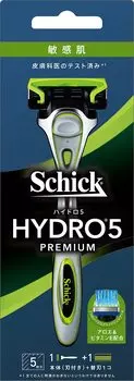 Держатель лезвия Hydro Schick Hydro 5 Premium для чувствительной кожи, сменное лезвие 1 с защитой кожи, 5 лезвий, зеленый (с + Лезвием)