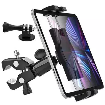 Держатель планшета для велосипеда Charchendo, подставка на руль, крепление для фитнеса, зажим для трубы, хомут для стержня, универсальное крепление для зажима, вращающееся, алюминиевый сплав, совместимо со всеми