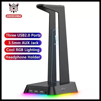 Держатель-подставка для наушников ONIKUMA с тремя портами USB 2.0 + разъемом AUX 3,5 мм, крутая RGB-подсветка, поддержка концентратора, передача данных, совместимая мышь, клавиатура
