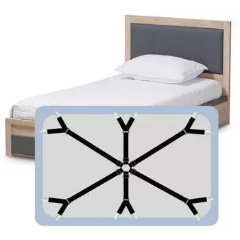 Держатель простыни с 12 зажимами. Противоскользящий фиксирующий ремень для простыни. Нержавеющая сталь. 6 регулируемых длинных ремней. Эластичный наматрасник. Крепеж для диванной подушки. чёрный