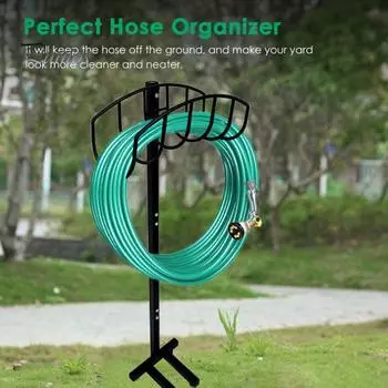 Держатель садового шланга с 4 шипами. Прочная металлическая подставка снаружи. Съемная стойка для катушки для шланга. Органайзер. Вешалка для хранения садового шланга. чёрный