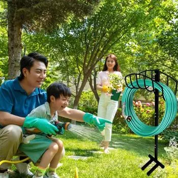 Держатель садового шланга с 4 шипами Прочная металлическая подставка снаружи Съемная катушка для шланга