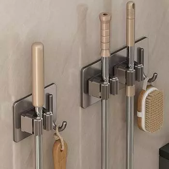Держатель швабры из нержавеющей стали, настенный, многоцелевой, на клейкой основе, крючки, органайзер для хранения вещей в доме, вешалка для метлы