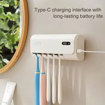 Держатель зубной щетки с двухдиапазонной УФ-стерилизацией, сенсорным управлением, цифровым дисплеем, перезаряжаемый самоклеящийся органайзер для зубных щеток белый