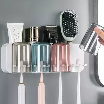 Держатель зубных щеток настенный - автоматическая стойка для хранения зубной пасты с чашкой для ополаскивателя полости рта, подходит для 2-4 человек