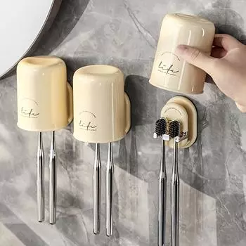 Держатель зубных щеток со встроенным стаканом для ополаскивателя полости рта - настенный органайзер для ванной комнаты для зубной пасты и зубных щеток - подходит для дома, общежития Creamy yellow жёлтый