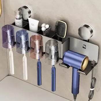 Держатели зубных щеток на присосках, настенная полка для зубных щеток с держателем для фена, полка для хранения зубных щеток, аксессуары для ванной комнаты