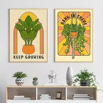 Держись, продолжай расти. Вдохновляющие цитаты. Картина на холсте. Постер. Бохо. Растение монстера. Настенная картина. Декор для гостиной. 21x30cm No Framed