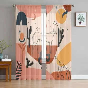 Гитара «пустынный кактус» в стиле ретро, прозрачные шторы в стиле бохо, занавески из тюля для гостиной, шторы для спальни, роскошные шторы W135 x H114cm