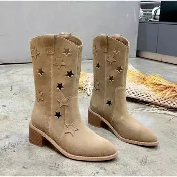 Desert Meteor Spring Summer Boots Thick Heel Short Boots Vintage Hollow Star Pointed Western Boots Women s Boots 34