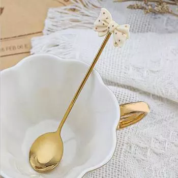 Десертная ложка с длинной ручкой из пищевой нержавеющей стали с милым бантом в виде печенья, ложка для размешивания кофе, кухонные принадлежности A