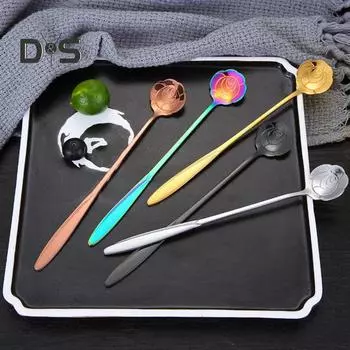 Десертная ложка с гладкими краями, нержавеющая практичная ложка для перемешивания кофе с молоком и головкой цветка розы разноцветный