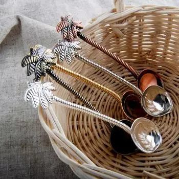 Десертная ложка, зеркальная полировка, форма кокосовой пальмы, цинковый сплав, антипригарная ложка для перемешивания из цинкового сплава для десертов