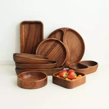 Десертная тарелка из японской акации, круглая деревянная тарелка, бытовые кухонные принадлежности, деревянная посуда, тарелка для закусок, подставка для фруктов