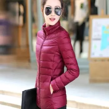 Дешевая куртка на утином пуху женская новая тонкая короткая куртка-пуховик с коротким воротником-стойкой 5XL 6XL зимние пальто для женщин зимняя куртка-пуховик S