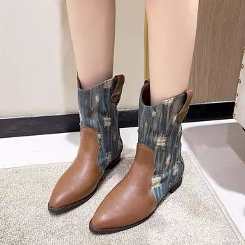 Дешевые модные ковбойские сапоги в стиле вестерн, женские новые зимние ботильоны 35 чёрный