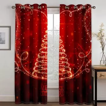 Дешевые С Новым годом Рождество Санта Клаус Красный снег 2 шт Тонкие затемняющие оконные шторы для гостиной спальни домашнего декора 100W130H(CM)40x51in&Hook