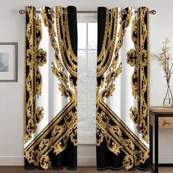 Дешевый 3D-принт, черное золото, классический бренд, роскошный узор, череп, 2 шт., затеняющая оконная занавеска для гостиной, спальни, декоративный крючок 100W130H(CM)40x51in&Hook