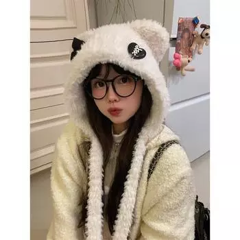 Design autumn and winter atmosphere cute plush bear warm ear hat three colors into the thickened hat tide M56-58cm бежевый