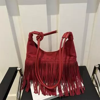 Design bag women s autumn and winter 2025 trendy bohemian retro fringed bag shoulder messenger bag коричневый