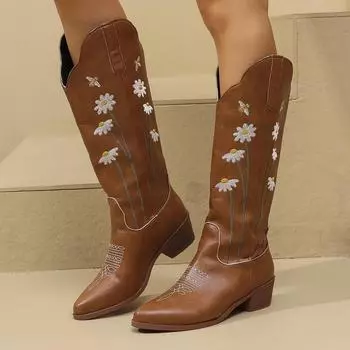 Дизайнерские милые вышитые джинсовые сапоги до середины икры женские кожаные ботинки на толстом высоком каблуке с круглым носком 2024 года модные женские туфли с принтом 36 коричневый
