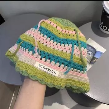 Design hand hook cotton striped knitted wool hat women s autumn face small versatile bucket hat M56-58cm