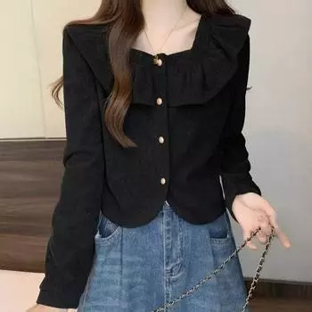 Design Lotus Leaf Neck Long Sleeve Knitted Sweater Women s Corduroy Autumn and Winter New Unique Inner Bottom Top S чёрный