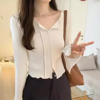 Футболка Design Niche Black с V-образным вырезом и длинными рукавами на правом плече, женская осенняя новая узкая короткая рубашка-топ S