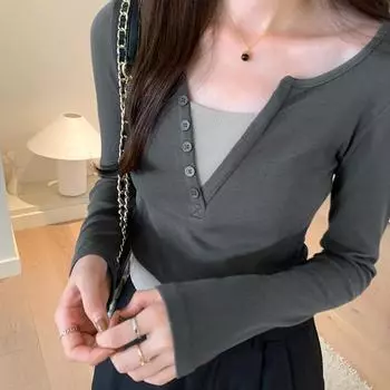 Футболка с длинными рукавами Design Niche, женская, осенняя, новая, поддельная, из двух частей, контрастного цвета, утягивающая, внутренняя часть S