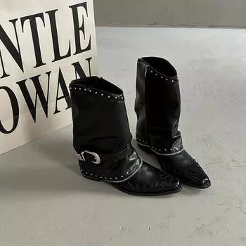 Design punk boots women s high-end trouser tube boots summer new pointed rivets pleated high heel thick heel 35