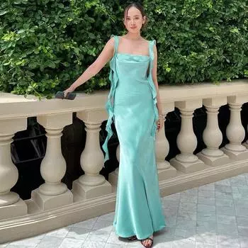 Design Ribbon Dress Summer Backless Slim Fit Satin Mint Green M