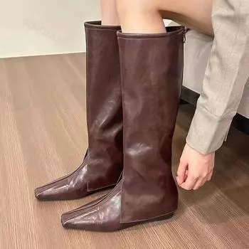 Design Sense 2024 New Long Tube Boots Thick Soled Knight Boots Fashion Retro Pointed Toe Knee High Boots for Women Punk Booties 35 чёрный